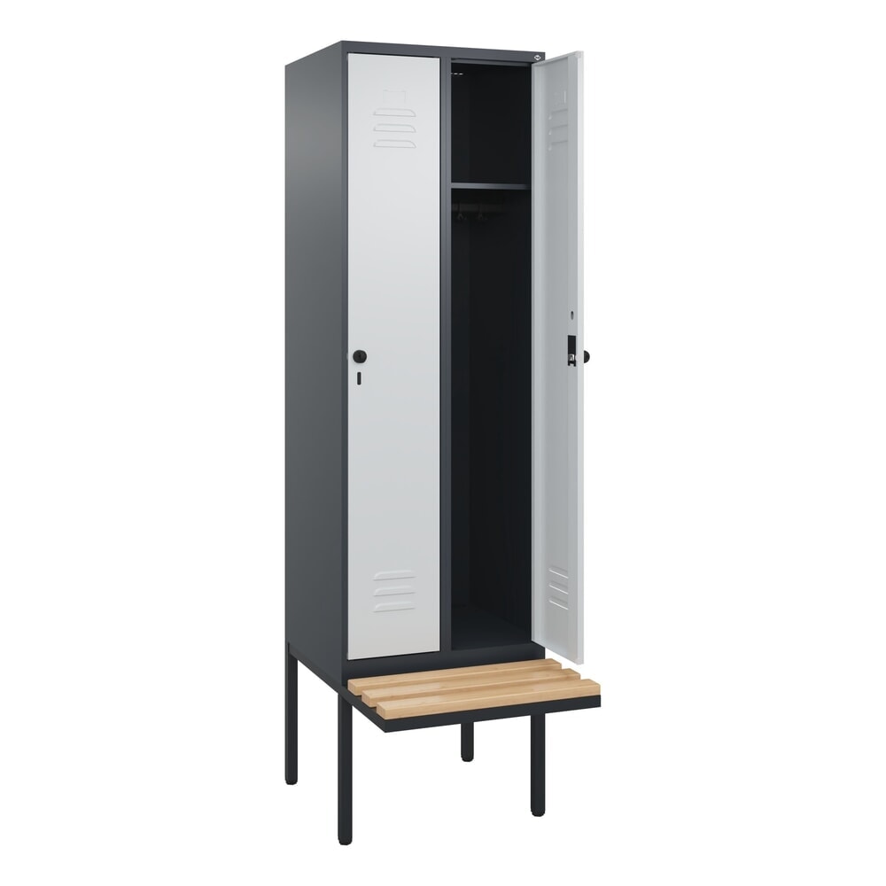 Produktabbildung: C+P Spind Classic PLUS, 2 Abteile, HxBxT 2.120 x 600 x 815 mm, für Vorhängeschloss, auskragende Bank aus Buche, anthrazitgrau, lichtgrau