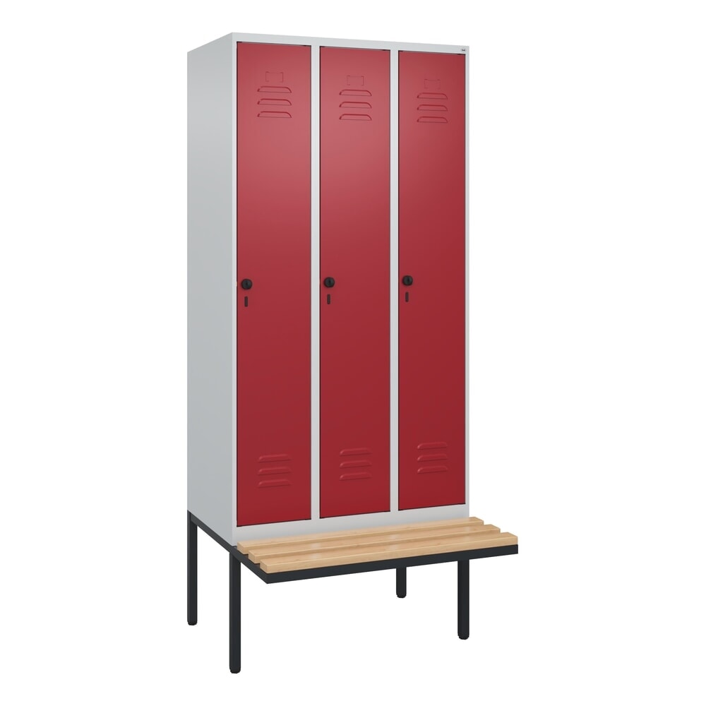 C+P Spind Classic PLUS, 3 Abteile, HxBxT 2.120 x 900 x 815 mm, für Vorhängeschloss, auskragende Bank aus Buche, lichtgrau, rubinrot Produktabbildung Nr. 8: C+P Spind Classic PLUS, 3 Abteile, HxBxT 2.120 x 900 x 815 mm, für Vorhängeschloss, auskragende Bank aus Buche, lichtgrau, rubinrot