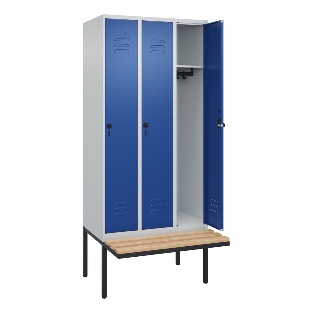 Produktabbildung: C+P Spind Classic PLUS, 3 Abteile, HxBxT 2.120 x 900 x 815 mm, für Vorhängeschloss, auskragende Bank aus Buche, lichtgrau, enzianblau