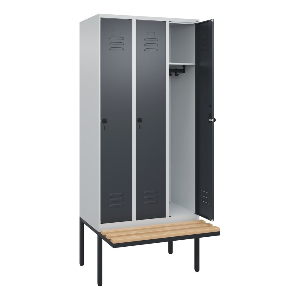 C+P Spind Classic PLUS, 3 Abteile, HxBxT 2.120 x 900 x 815 mm, für Vorhängeschloss, auskragende Bank aus Buche, lichtgrau, anthrazitgrau Produktabbildung Nr. 1: C+P Spind Classic PLUS, 3 Abteile, HxBxT 2.120 x 900 x 815 mm, für Vorhängeschloss, auskragende Bank aus Buche, lichtgrau, anthrazitgrau