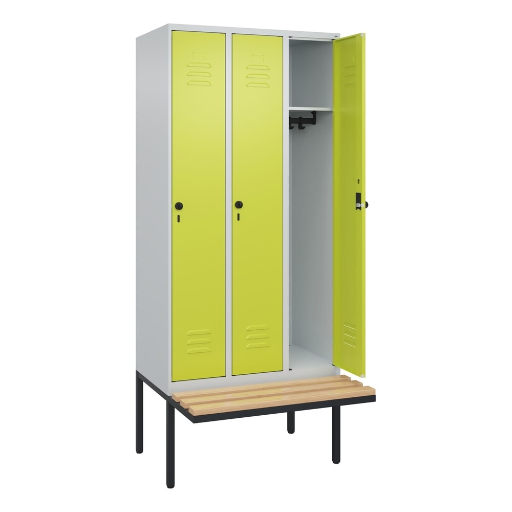 C+P Spind Classic PLUS, 3 Abteile, HxBxT 2.120 x 900 x 815 mm, für Vorhängeschloss, auskragende Bank aus Buche, lichtgrau, clowngrün Produktabbildung Nr. 1: C+P Spind Classic PLUS, 3 Abteile, HxBxT 2.120 x 900 x 815 mm, für Vorhängeschloss, auskragende Bank aus Buche, lichtgrau, clowngrün