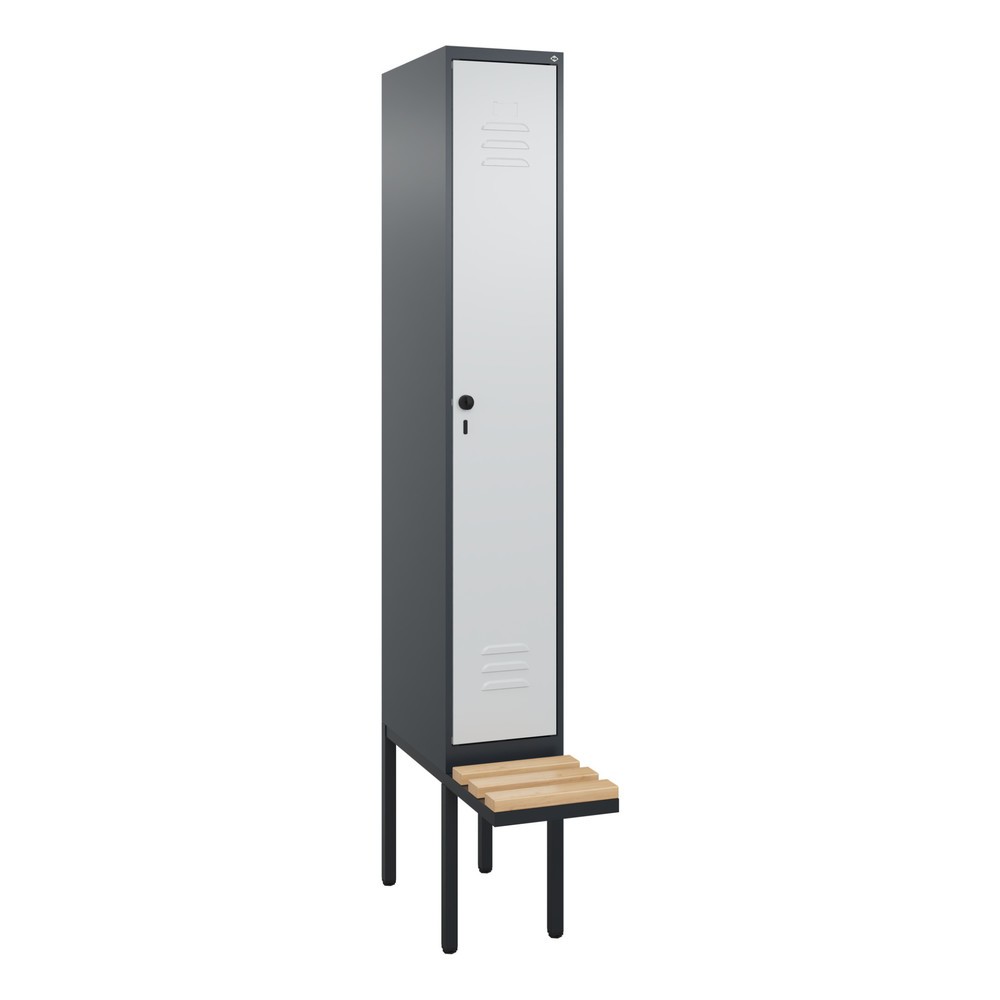 Produktabbildung: C+P Spind Classic PLUS, 1 Abteil, Trennwand, HxBxT 2.120 x 300 x 815 mm, für Vorhängeschloss, auskragende Bank aus Buche, anthrazitgrau, lichtgrau