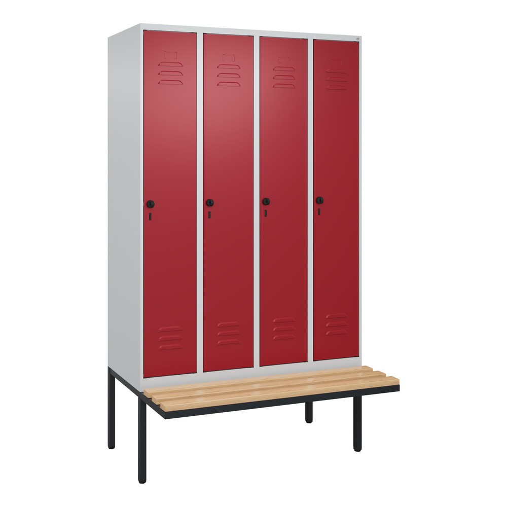 Produktabbildung: C+P Spind Classic PLUS, 4 Abteile, Trennwand, HxBxT 2.120 x 1.200 x 815 mm, für Vorhängeschloss, auskragende Bank aus Buche, lichtgrau, rubinrot