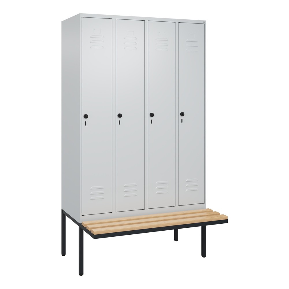 Produktabbildung: C+P Spind Classic PLUS, 4 Abteile, Trennwand, HxBxT 2.120 x 1.200 x 815 mm, für Vorhängeschloss, auskragende Bank aus Buche, lichtgrau, lichtgrau