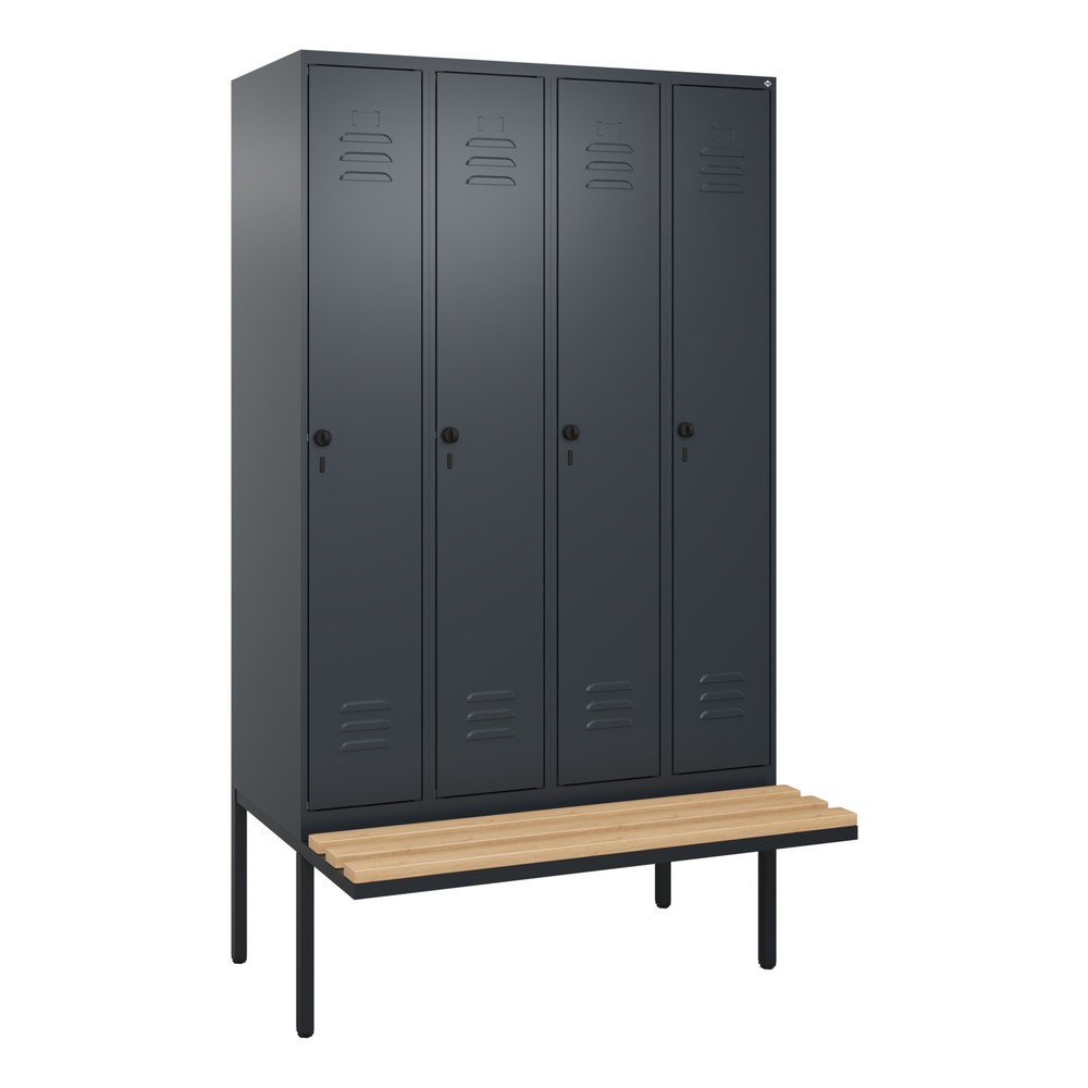 Produktabbildung: C+P Spind Classic PLUS, 4 Abteile, Trennwand, HxBxT 2.120 x 1.200 x 815 mm, für Vorhängeschloss, auskragende Bank aus Buche, anthrazitgrau, anthrazitgrau