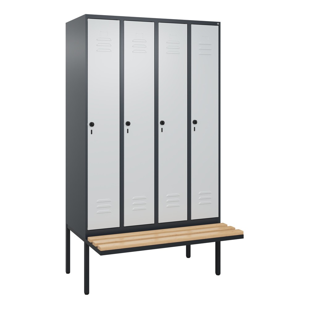 Produktabbildung: C+P Spind Classic PLUS, 4 Abteile, Trennwand, HxBxT 2.120 x 1.200 x 815 mm, für Vorhängeschloss, auskragende Bank aus Buche, anthrazitgrau, lichtgrau