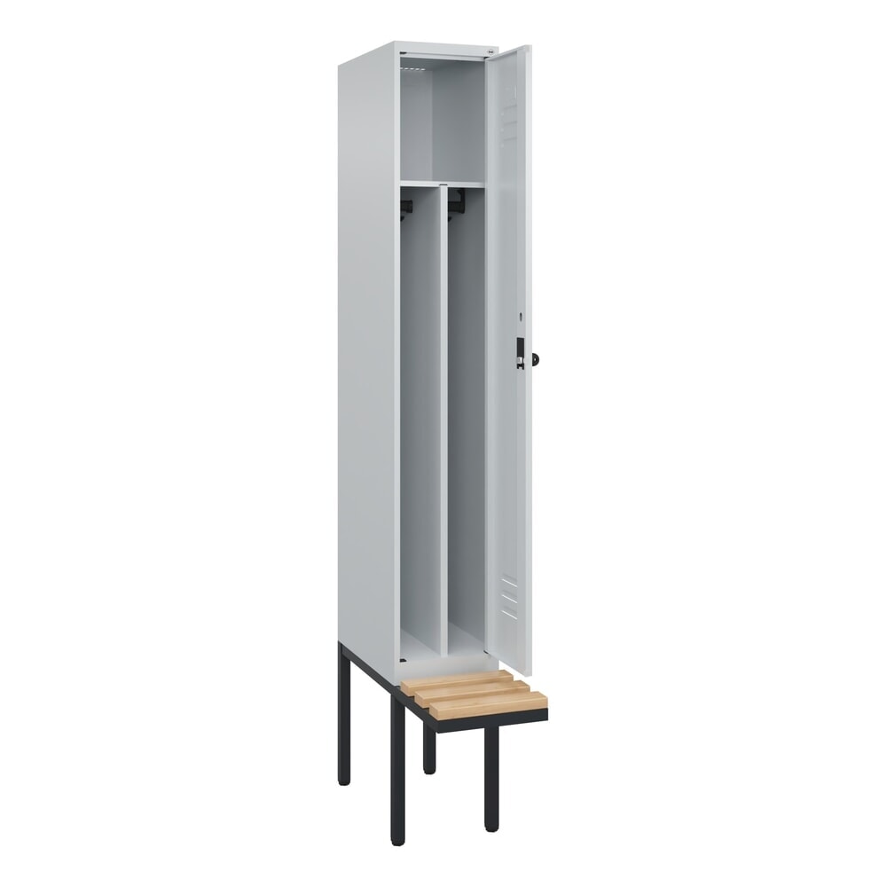 Produktabbildung: C+P Spind Classic PLUS, 1 Abteil, Trennwand, HxBxT 2.120 x 300 x 815 mm, für Vorhängeschloss, auskragende Bank aus Buche, lichtgrau, lichtgrau
