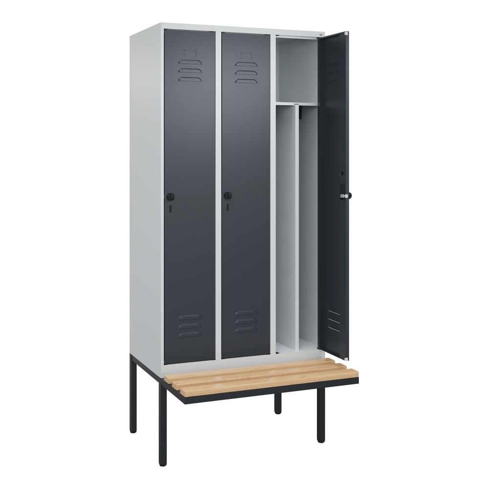 Produktabbildung: C+P Spind Classic PLUS, 3 Abteile, Trennwand, HxBxT 2.120 x 900 x 815 mm, für Vorhängeschloss, auskragende Bank aus Buche, lichtgrau, anthrazitgrau