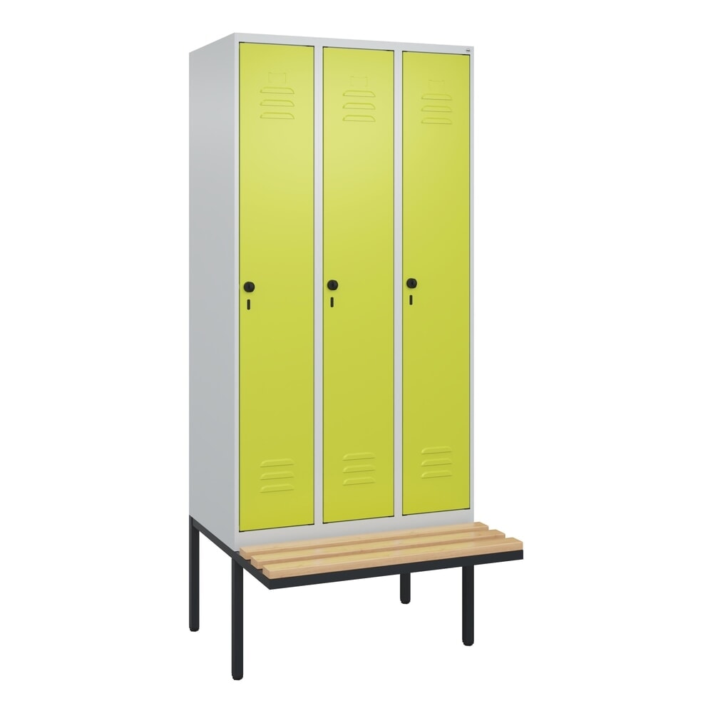 Produktabbildung Nr. 9: C+P Spind Classic PLUS, 3 Abteile, Trennwand, HxBxT 2.120 x 900 x 815 mm, für Vorhängeschloss, auskragende Bank aus Buche, lichtgrau, clowngrün