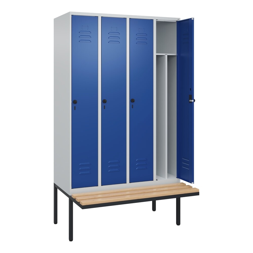 Produktabbildung: C+P Spind Classic PLUS, 4 Abteile, Trennwand, HxBxT 2.120 x 1.200 x 815 mm, für Vorhängeschloss, auskragende Bank aus Buche, lichtgrau, enzianblau
