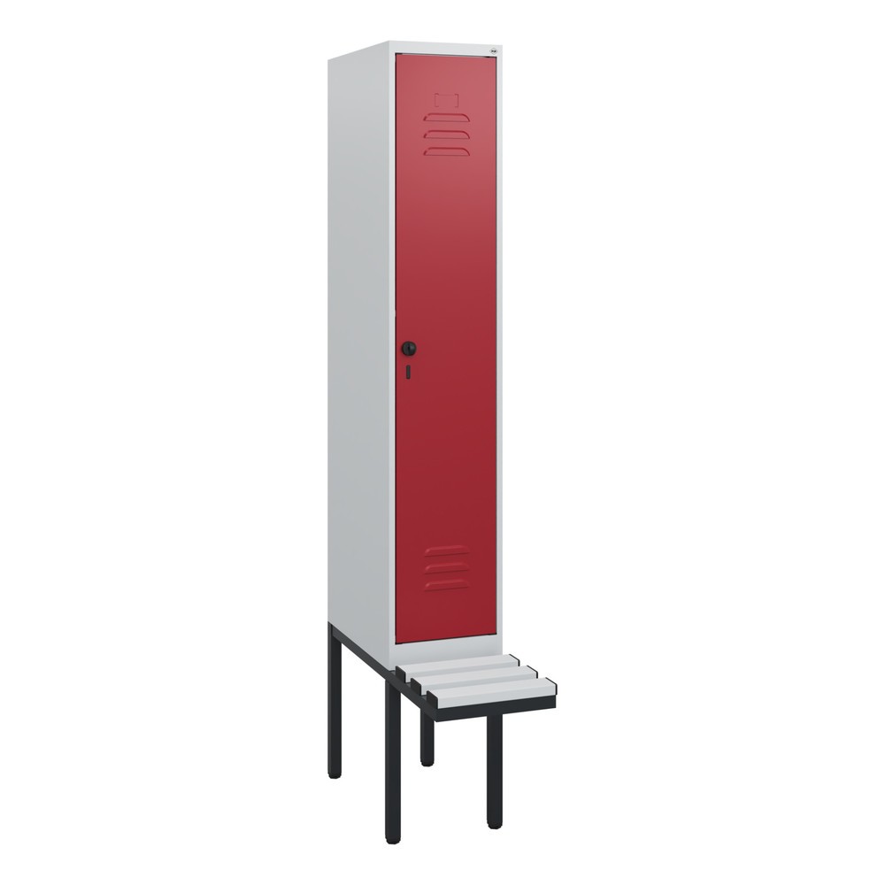 Produktabbildung: C+P Spind Classic PLUS, 1 Abteil, HxBxT 1.950 x 300 x 815 mm, für Vorhängeschloss, auskragende Bank aus Kunststoff, lichtgrau, rubinrot