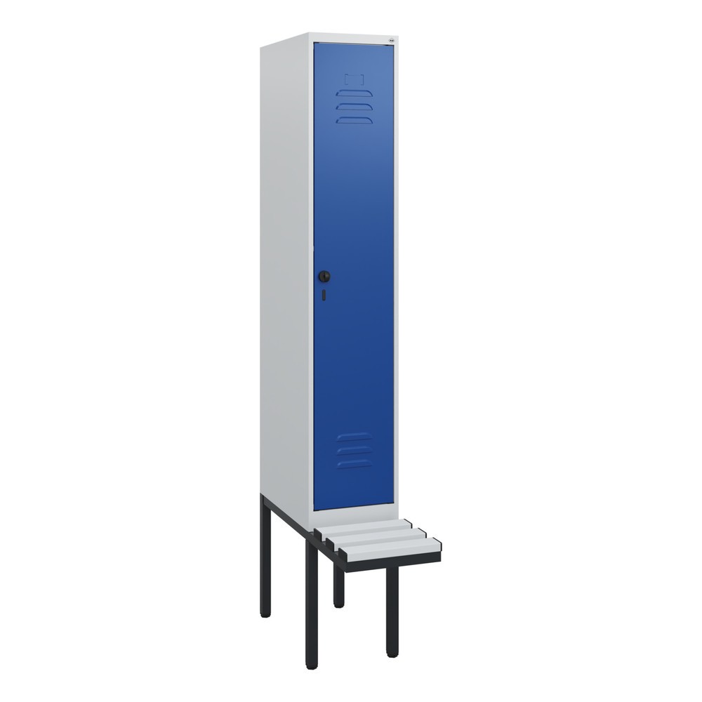 Produktabbildung: C+P Spind Classic PLUS, 1 Abteil, HxBxT 1.950 x 300 x 815 mm, für Vorhängeschloss, auskragende Bank aus Kunststoff, lichtgrau, enzianblau