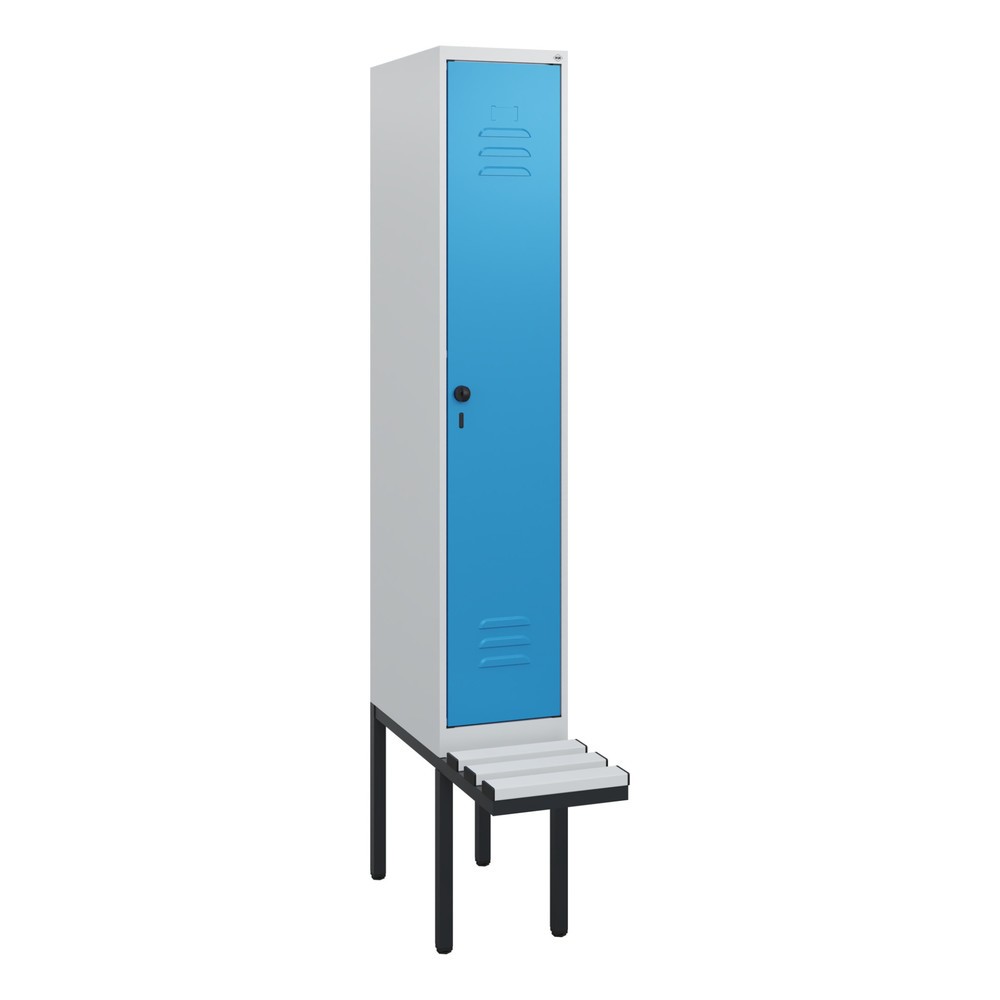 Produktabbildung: C+P Spind Classic PLUS, 1 Abteil, HxBxT 1.950 x 300 x 815 mm, für Vorhängeschloss, auskragende Bank aus Kunststoff, lichtgrau, lichtblau