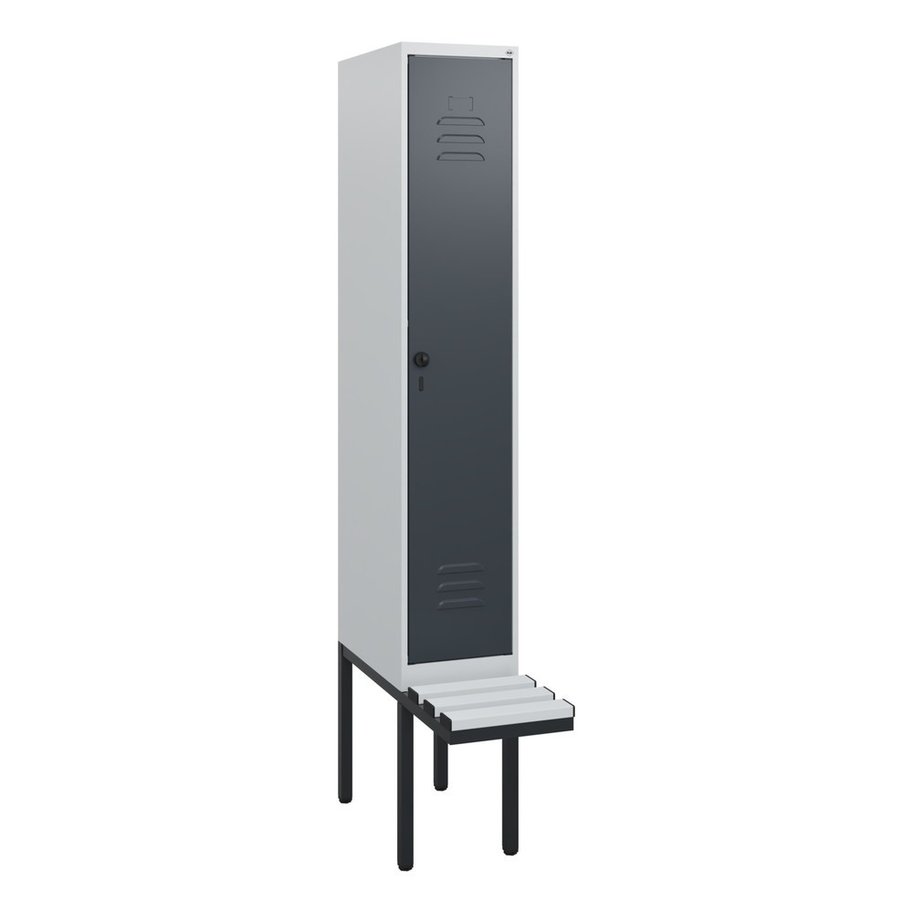 Produktabbildung: C+P Spind Classic PLUS, 1 Abteil, HxBxT 1.950 x 300 x 815 mm, für Vorhängeschloss, auskragende Bank aus Kunststoff, lichtgrau, anthrazitgrau