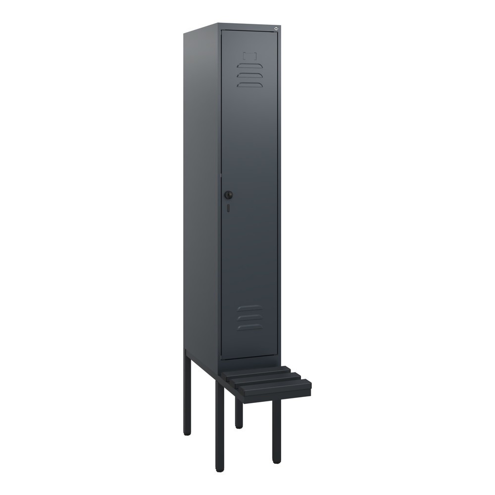 Produktabbildung: C+P Spind Classic PLUS, 1 Abteil, HxBxT 1.950 x 300 x 815 mm, für Vorhängeschloss, auskragende Bank aus Kunststoff, anthrazitgrau, anthrazitgrau