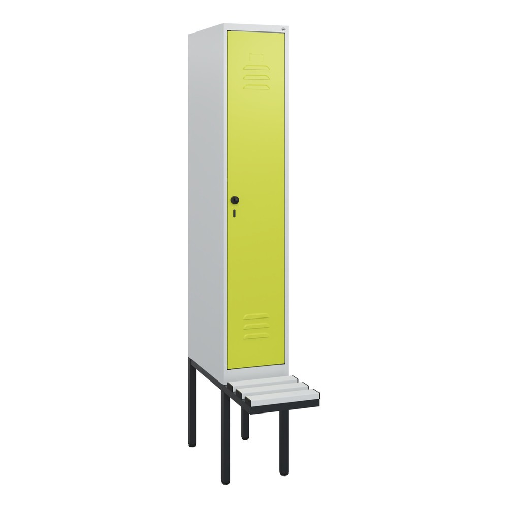Produktabbildung: C+P Spind Classic PLUS, 1 Abteil, HxBxT 1.950 x 300 x 815 mm, für Vorhängeschloss, auskragende Bank aus Kunststoff, lichtgrau, clowngrün