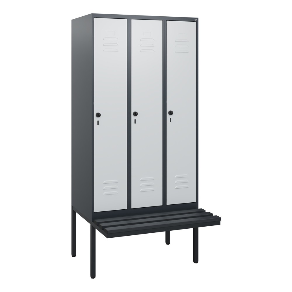 Produktabbildung: C+P Spind Classic PLUS, 3 Abteile, HxBxT 1.950 x 900 x 815 mm, für Vorhängeschloss, auskragende Bank aus Kunststoff, anthrazitgrau, lichtgrau