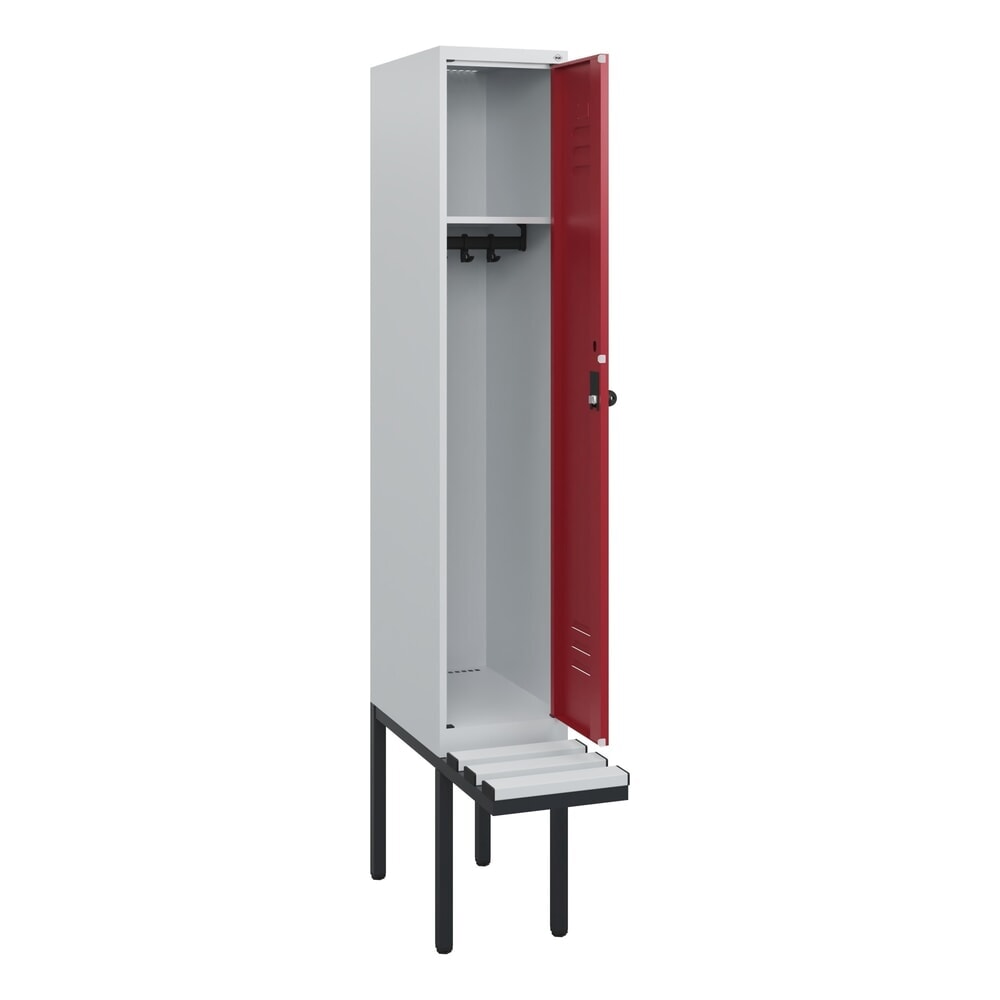 C+P Spind Classic PLUS, 1 Abteil, HxBxT 1.950 x 300 x 815 mm, für Vorhängeschloss, auskragende Bank aus Kunststoff, lichtgrau, rubinrot Produktabbildung: C+P Spind Classic PLUS, 1 Abteil, HxBxT 1.950 x 300 x 815 mm, für Vorhängeschloss, auskragende Bank aus Kunststoff, lichtgrau, rubinrot