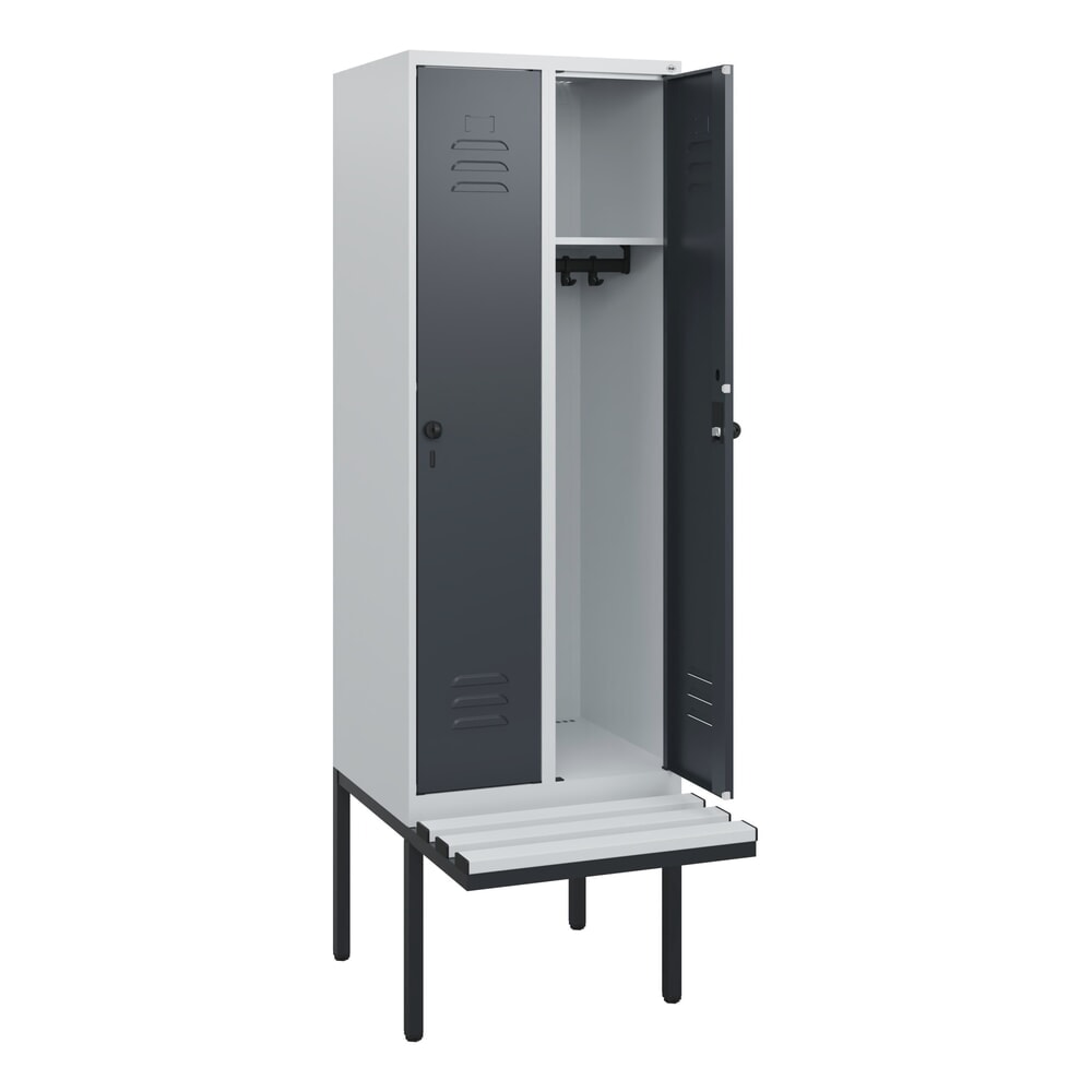 Produktabbildung: C+P Spind Classic PLUS, 2 Abteile, HxBxT 1.950 x 600 x 815 mm, für Vorhängeschloss, auskragende Bank aus Kunststoff, lichtgrau, anthrazitgrau
