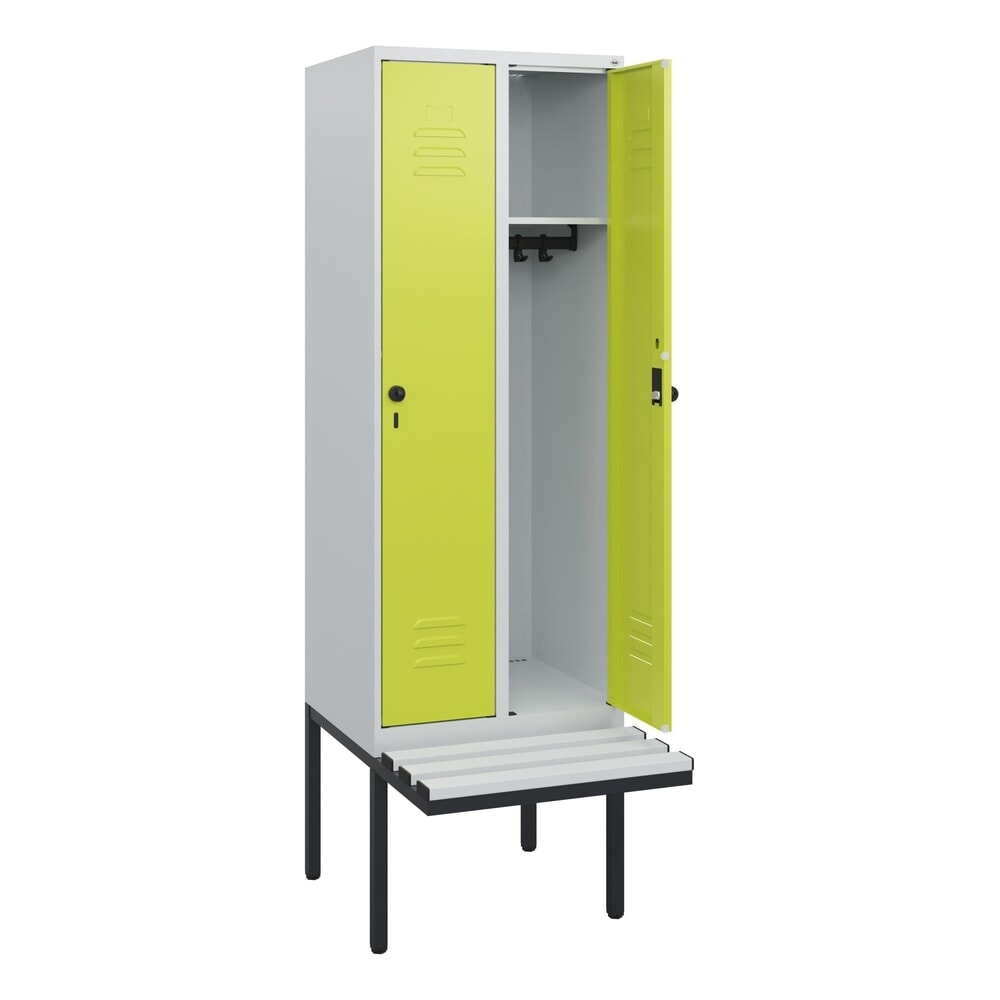 Produktabbildung: C+P Spind Classic PLUS, 2 Abteile, HxBxT 1.950 x 600 x 815 mm, für Vorhängeschloss, auskragende Bank aus Kunststoff, lichtgrau, clowngrün