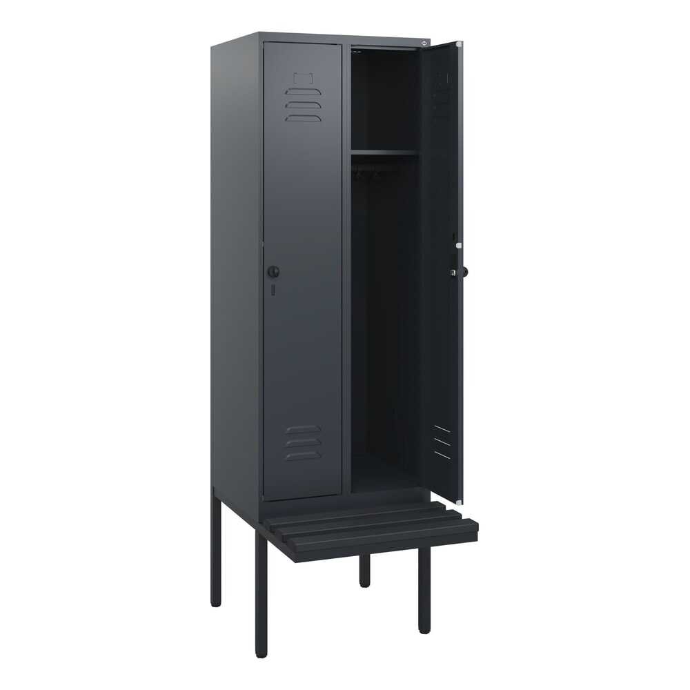 Produktabbildung: C+P Spind Classic PLUS, 2 Abteile, HxBxT 1.950 x 600 x 815 mm, für Vorhängeschloss, auskragende Bank aus Kunststoff, anthrazitgrau, anthrazitgrau