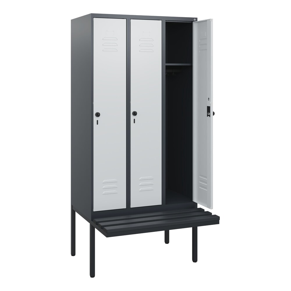 Produktabbildung: C+P Spind Classic PLUS, 3 Abteile, HxBxT 1.950 x 900 x 815 mm, für Vorhängeschloss, auskragende Bank aus Kunststoff, anthrazitgrau, lichtgrau