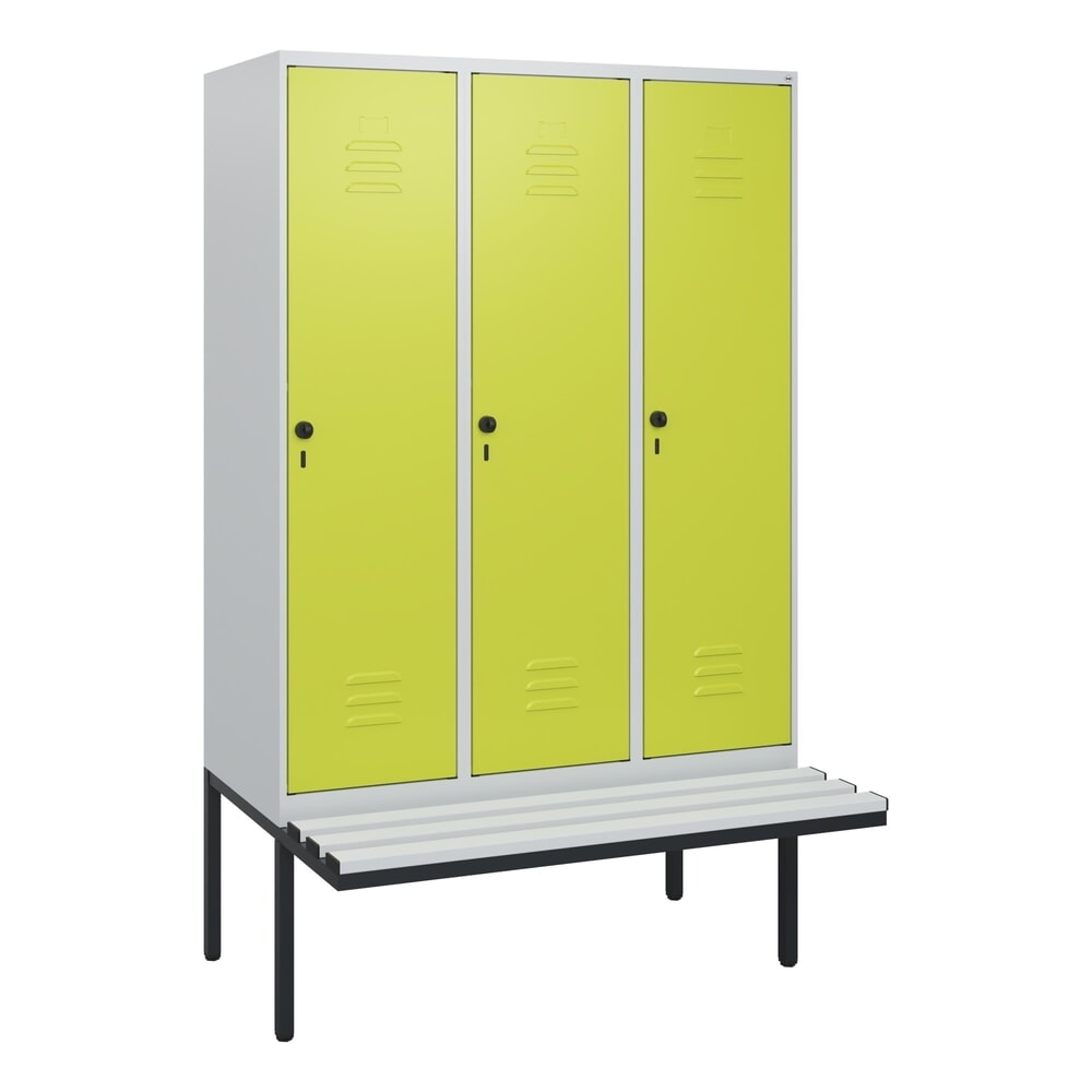 Produktabbildung Nr. 9: C+P Spind Classic PLUS, 3 Abteile, HxBxT 1.950 x 1.200 x 815 mm, für Vorhängeschloss, auskragende Bank aus Kunststoff, lichtgrau, clowngrün