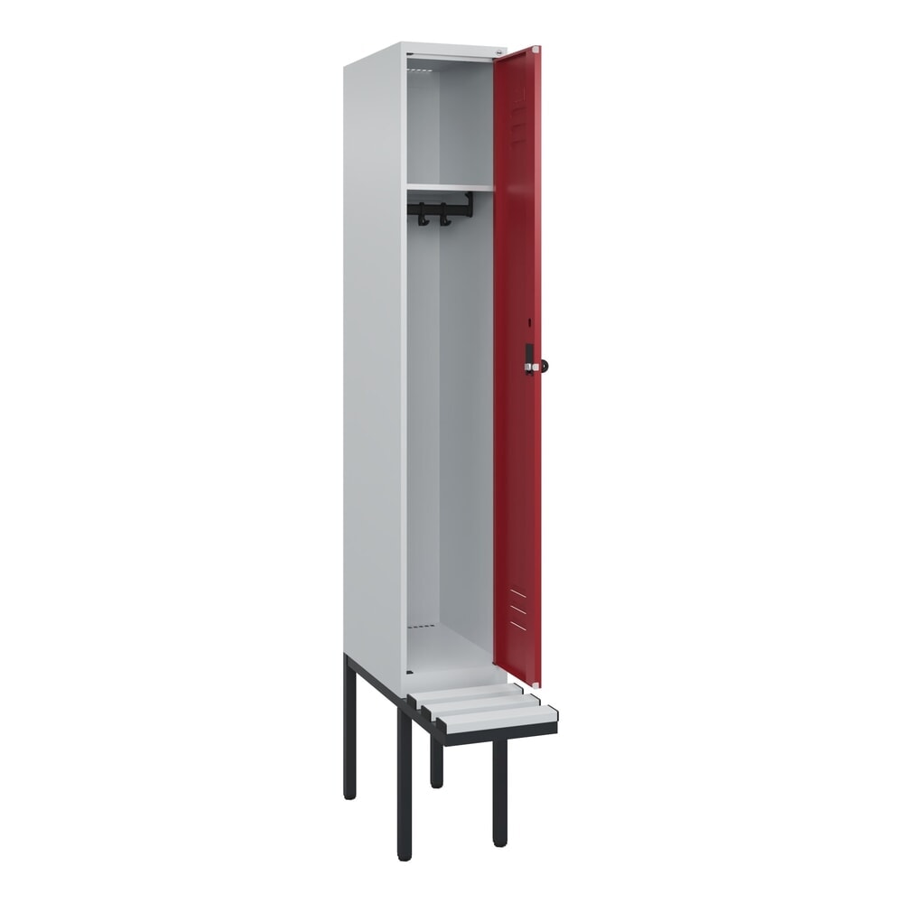 Produktabbildung: C+P Spind Classic PLUS, 1 Abteil, HxBxT 2.120 x 300 x 815 mm, für Vorhängeschloss, auskragende Bank aus Kunststoff, lichtgrau, rubinrot