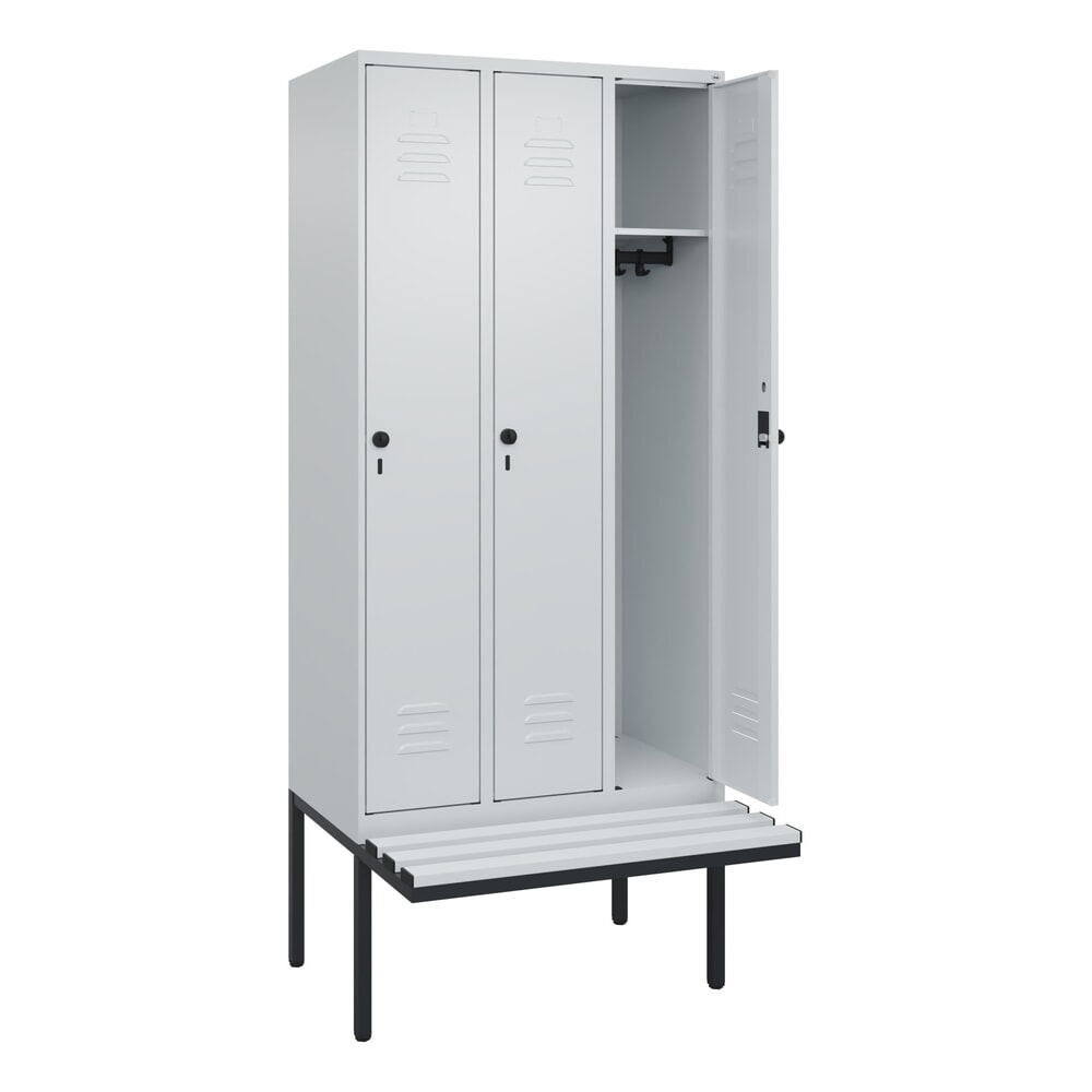 Produktabbildung: C+P Spind Classic PLUS, 3 Abteile, HxBxT 2.120 x 900 x 815 mm, für Vorhängeschloss, auskragende Bank aus Kunststoff, lichtgrau, lichtgrau