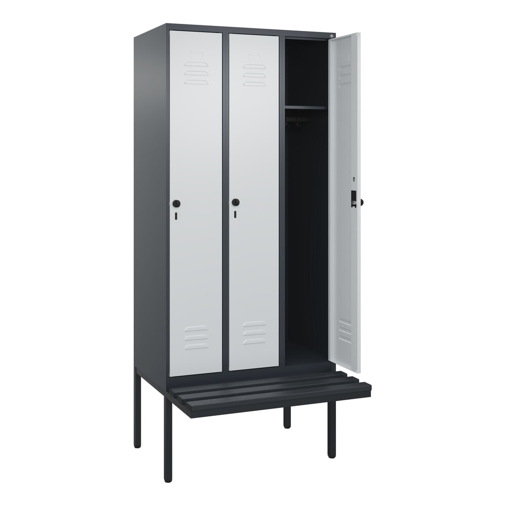 C+P Spind Classic PLUS, 3 Abteile, HxBxT 2.120 x 900 x 815 mm, für Vorhängeschloss, auskragende Bank aus Kunststoff, anthrazitgrau, lichtgrau Produktabbildung: C+P Spind Classic PLUS, 3 Abteile, HxBxT 2.120 x 900 x 815 mm, für Vorhängeschloss, auskragende Bank aus Kunststoff, anthrazitgrau, lichtgrau