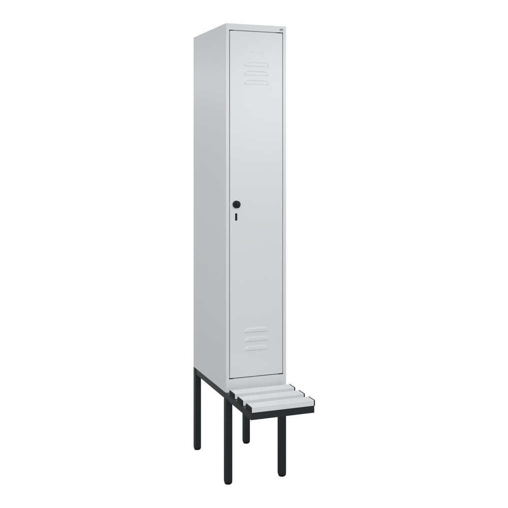 Produktabbildung: C+P Spind Classic PLUS, 1 Abteil, Trennwand, HxBxT 2.120 x 300 x 815 mm, für Vorhängeschloss, auskragende Bank aus Kunststoff, lichtgrau, lichtgrau