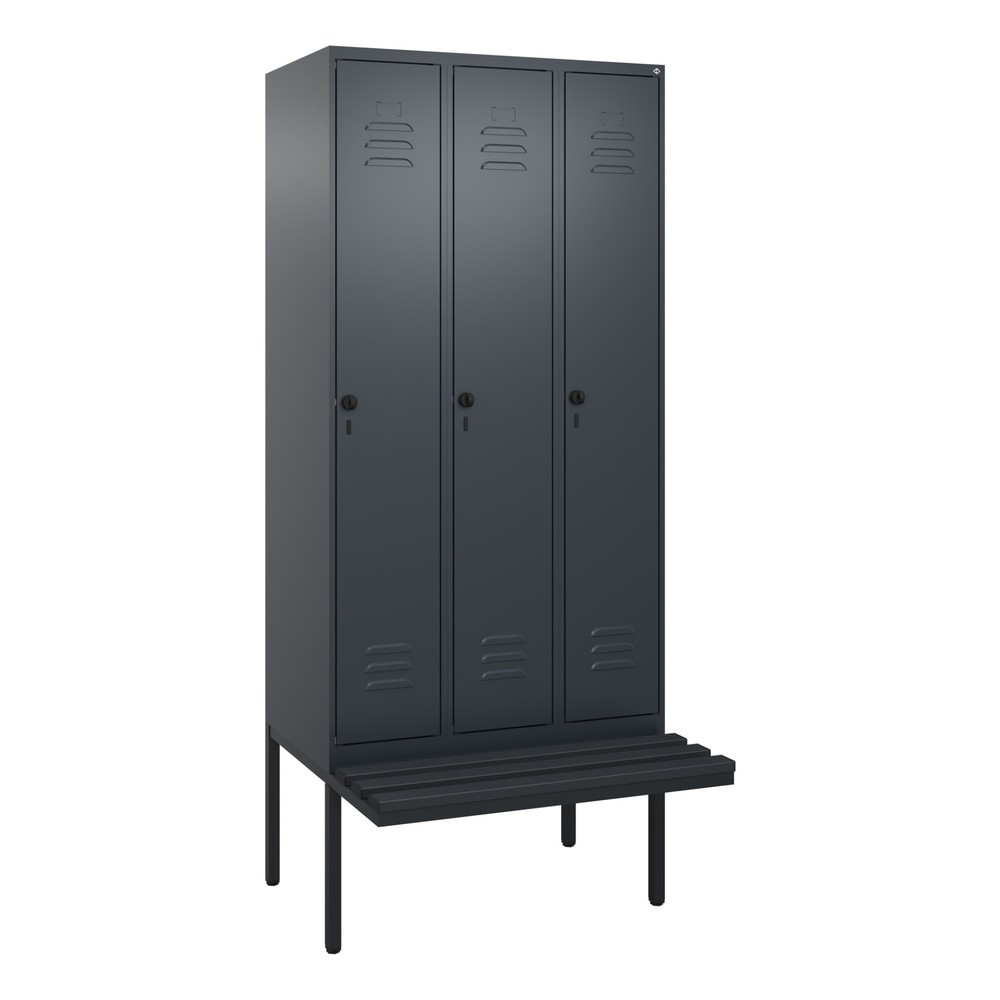 Produktabbildung: C+P Spind Classic PLUS, 3 Abteile, Trennwand, HxBxT 2.120 x 900 x 815 mm, für Vorhängeschloss, auskragende Bank aus Kunststoff, anthrazitgrau, anthrazitgrau