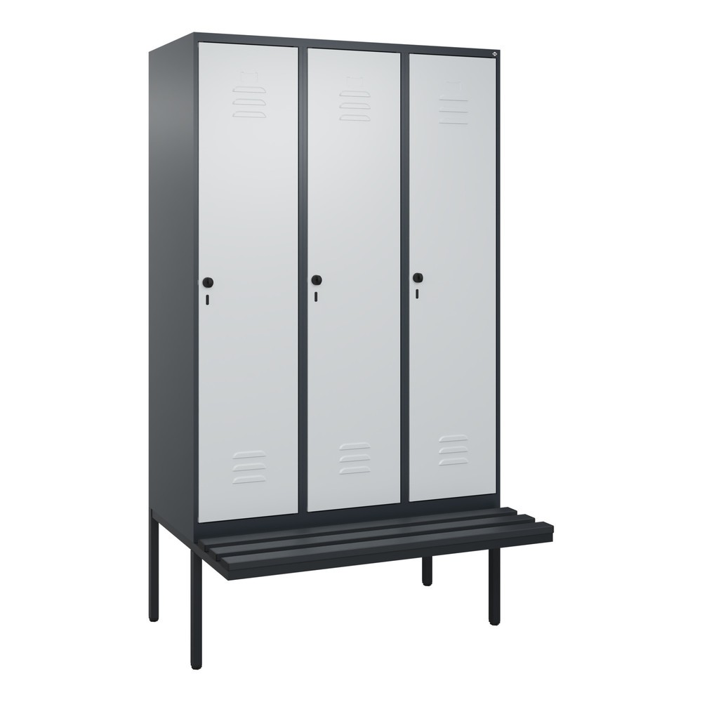 Produktabbildung: C+P Spind Classic PLUS, 3 Abteile, Trennwand, HxBxT 2.120 x 1.200 x 815 mm, für Vorhängeschloss, auskragende Bank aus Kunststoff, anthrazitgrau, lichtgrau