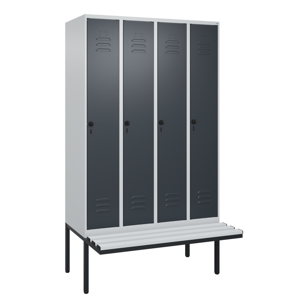 Produktabbildung: C+P Spind Classic PLUS, 4 Abteile, Trennwand, HxBxT 2.120 x 1.200 x 815 mm, für Vorhängeschloss, auskragende Bank aus Kunststoff, lichtgrau, anthrazitgrau