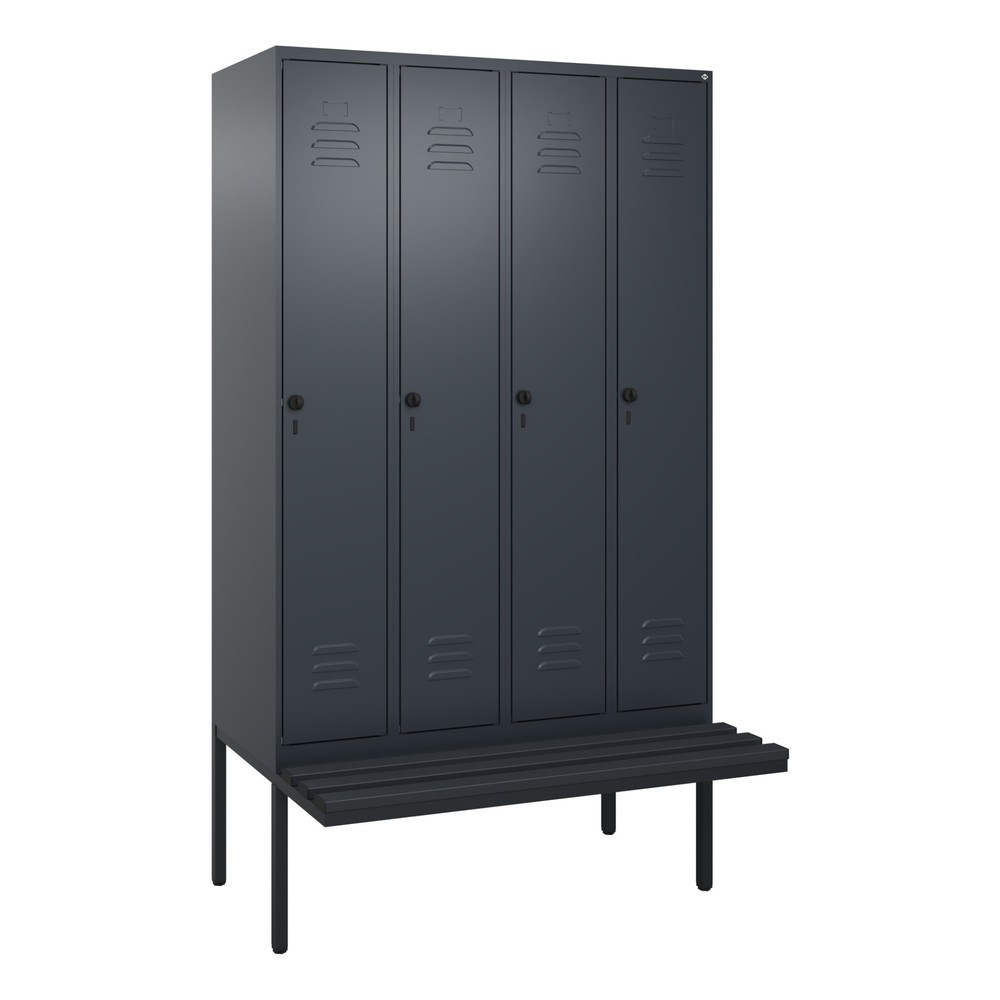 Produktabbildung: C+P Spind Classic PLUS, 4 Abteile, Trennwand, HxBxT 2.120 x 1.200 x 815 mm, für Vorhängeschloss, auskragende Bank aus Kunststoff, anthrazitgrau, anthrazitgrau