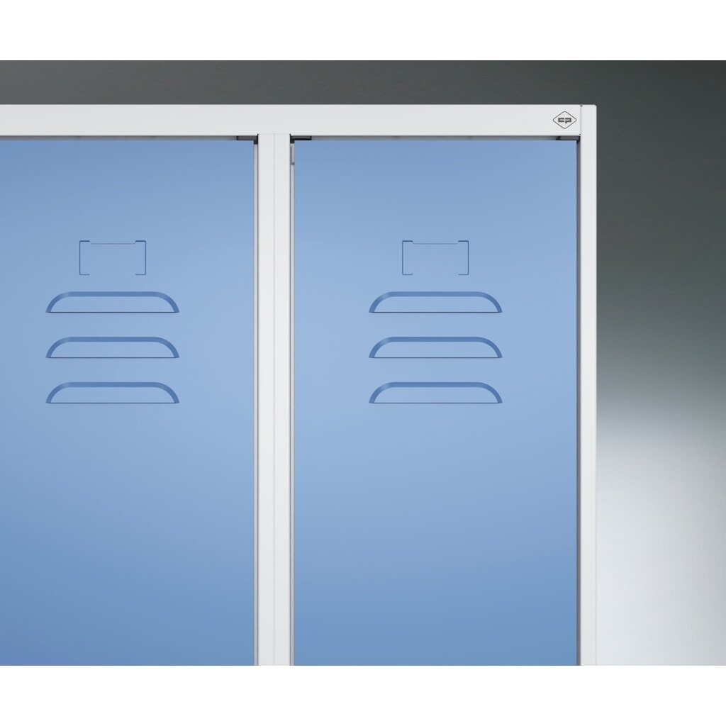 Produktabbildung Nr. 7: C+P Schwarz-Weiß-Spind Classic PLUS, 2 Abteile, HxBxT 2.120 x 800 x 815 mm, für Vorhängeschloss, auskragende Bank aus Buche, lichtgrau, enzianblau