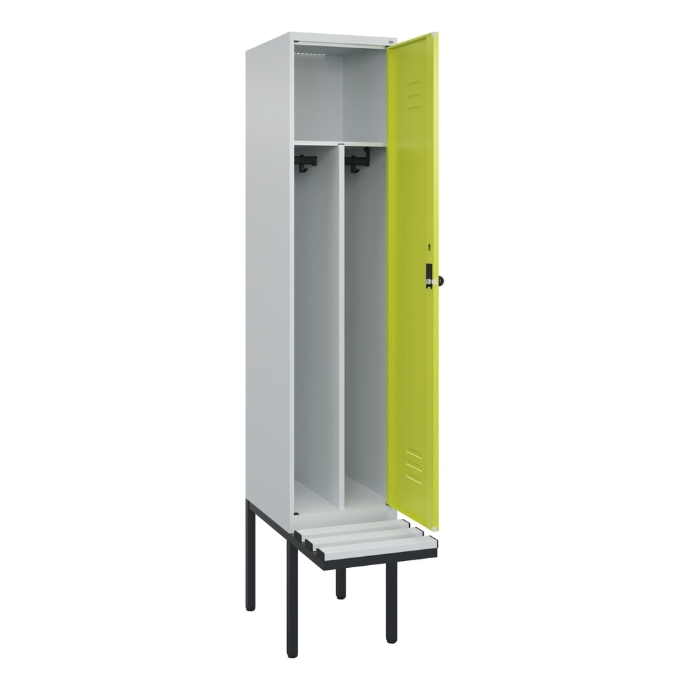Produktabbildung: C+P Spind Classic PLUS, 1 Abteil, Trennwand, HxBxT 2.120 x 400 x 815 mm, für Vorhängeschloss, auskragende Bank aus Kunststoff, lichtgrau, clowngrün