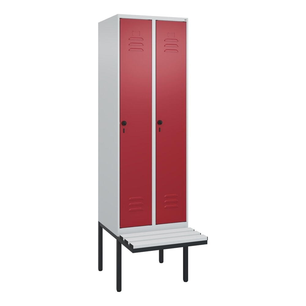 Produktabbildung Nr. 9: C+P Spind Classic PLUS, 2 Abteile, Trennwand, HxBxT 2.120 x 600 x 815 mm, für Vorhängeschloss, auskragende Bank aus Kunststoff, lichtgrau, rubinrot