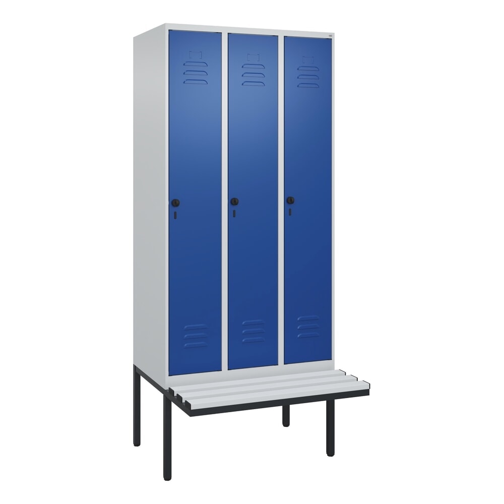 Produktabbildung Nr. 9: C+P Spind Classic PLUS, 3 Abteile, Trennwand, HxBxT 2.120 x 900 x 815 mm, für Vorhängeschloss, auskragende Bank aus Kunststoff, lichtgrau, enzianblau