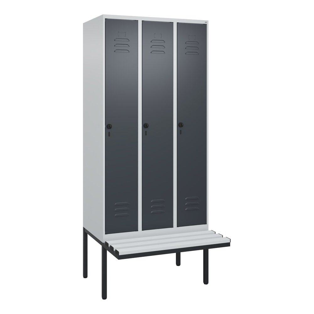 Produktabbildung Nr. 9: C+P Spind Classic PLUS, 3 Abteile, Trennwand, HxBxT 2.120 x 900 x 815 mm, für Vorhängeschloss, auskragende Bank aus Kunststoff, lichtgrau, anthrazitgrau