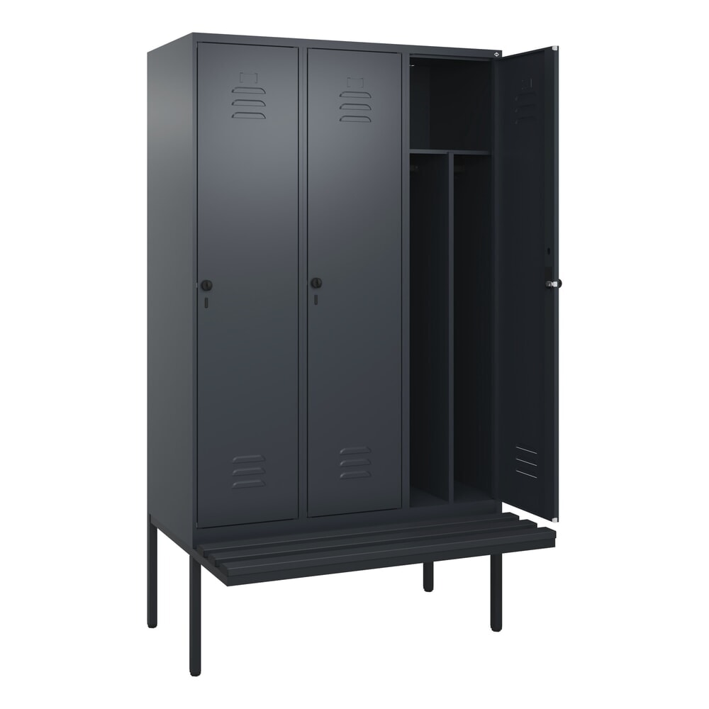 Produktabbildung: C+P Spind Classic PLUS, 3 Abteile, Trennwand, HxBxT 2.120 x 1.200 x 815 mm, für Vorhängeschloss, auskragende Bank aus Kunststoff, anthrazitgrau, anthrazitgrau