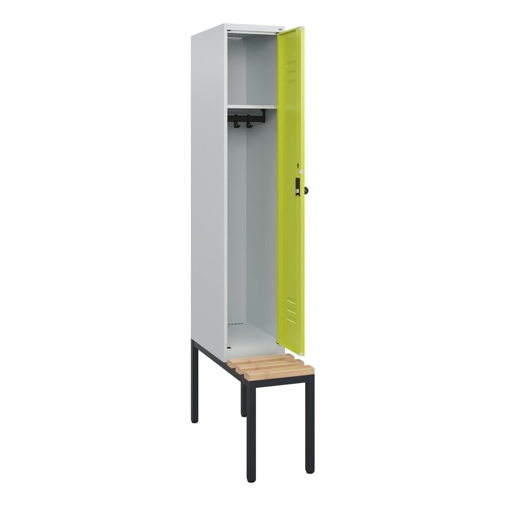 Produktabbildung: C+P Spind Classic PLUS, 1 Abteil, HxBxT 1.950 x 300 x 815 mm, für Vorhängeschloss, untergebaute Bank aus Buche, lichtgrau, clowngrün