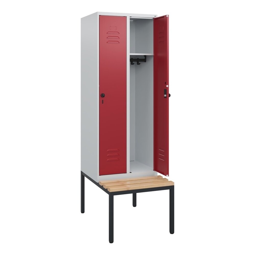 Produktabbildung: C+P Spind Classic PLUS, 2 Abteile, HxBxT 1.950 x 600 x 815 mm, für Vorhängeschloss, untergebaute Bank aus Buche, lichtgrau, rubinrot