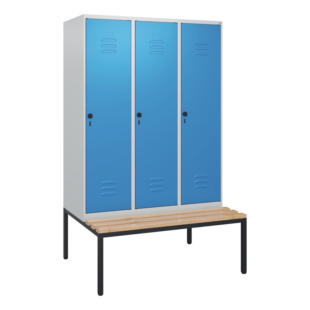 Produktabbildung Nr. 9: C+P Spind Classic PLUS, 3 Abteile, HxBxT 1.950 x 1.200 x 815 mm, für Vorhängeschloss, untergebaute Bank aus Buche, lichtgrau, lichtblau
