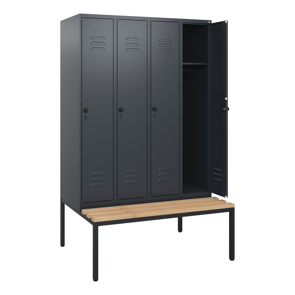 Produktabbildung: C+P Spind Classic PLUS, 4 Abteile, HxBxT 1.950 x 1.200 x 815 mm, für Vorhängeschloss, untergebaute Bank aus Buche, anthrazitgrau, anthrazitgrau