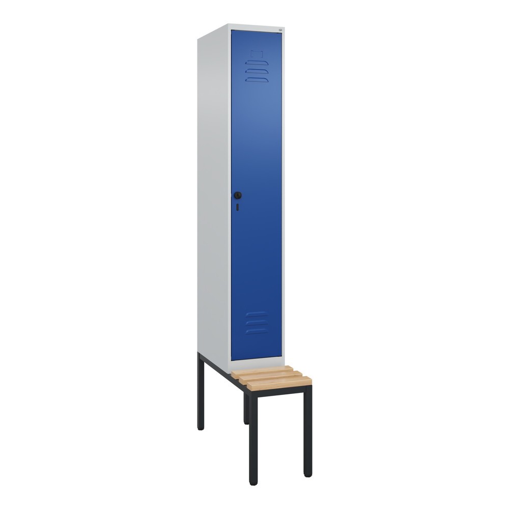Produktabbildung: C+P Spind Classic PLUS, 1 Abteil, HxBxT 2.120 x 300 x 815 mm, für Vorhängeschloss, untergebaute Bank aus Buche, lichtgrau, enzianblau