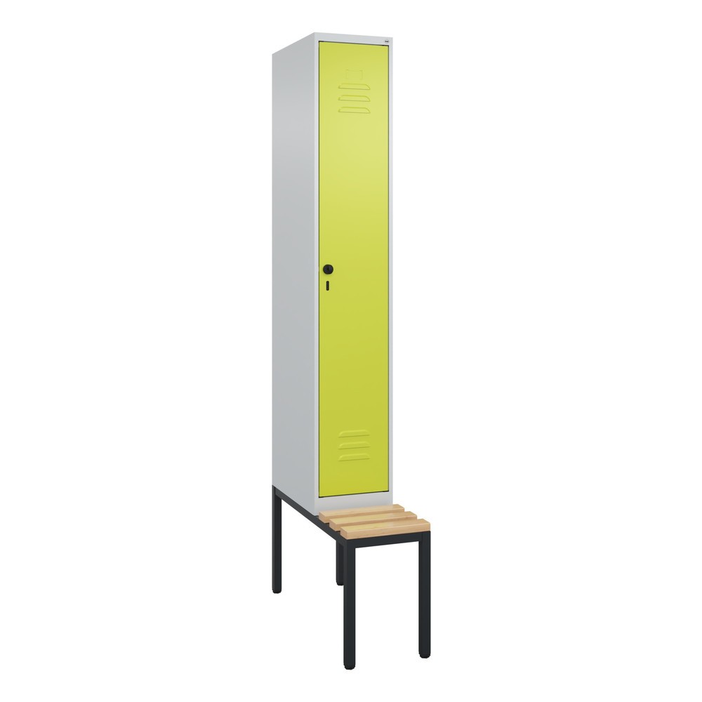 Produktabbildung: C+P Spind Classic PLUS, 1 Abteil, HxBxT 2.120 x 300 x 815 mm, für Vorhängeschloss, untergebaute Bank aus Buche, lichtgrau, clowngrün