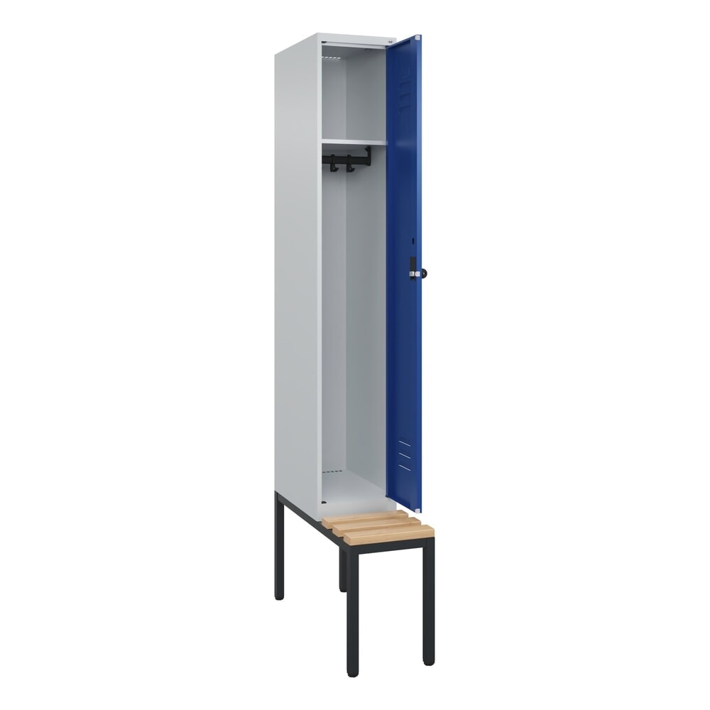 Produktabbildung: C+P Spind Classic PLUS, 1 Abteil, HxBxT 2.120 x 300 x 815 mm, für Vorhängeschloss, untergebaute Bank aus Buche, lichtgrau, enzianblau