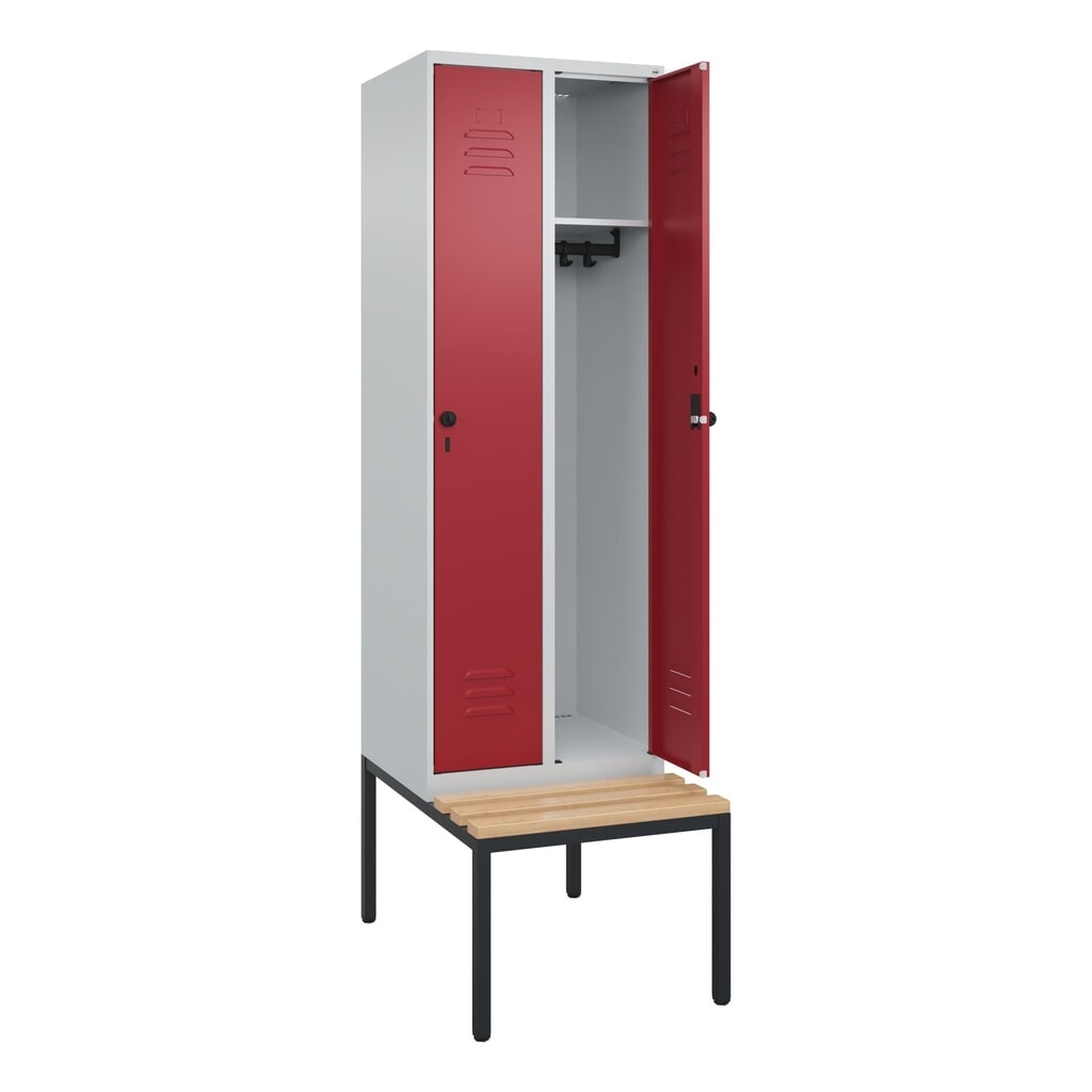 Produktabbildung: C+P Spind Classic PLUS, 2 Abteile, HxBxT 2.120 x 600 x 815 mm, für Vorhängeschloss, untergebaute Bank aus Buche, lichtgrau, rubinrot