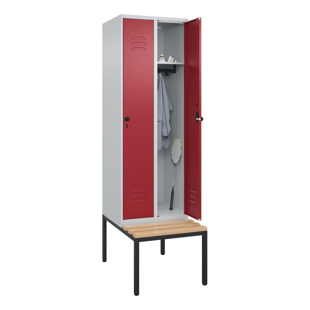 Produktabbildung Nr. 9: C+P Spind Classic PLUS, 2 Abteile, HxBxT 2.120 x 600 x 815 mm, für Vorhängeschloss, untergebaute Bank aus Buche, lichtgrau, rubinrot